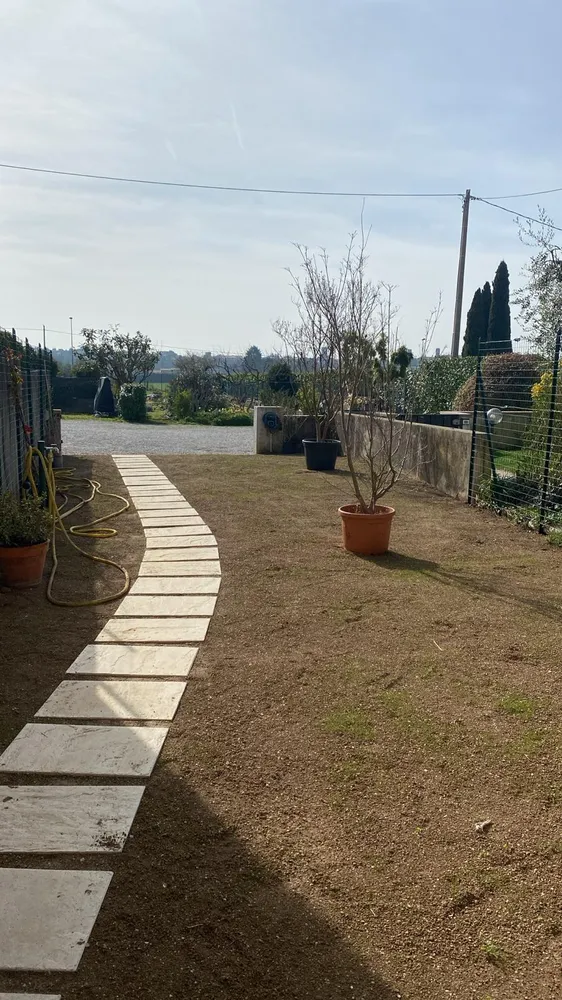 Vialetto pedonale in lastre di pietra rettangolari in giardino