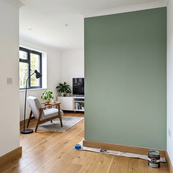 Stanza moderna appena tinteggiata con parete color verde salvia a regola d'arte